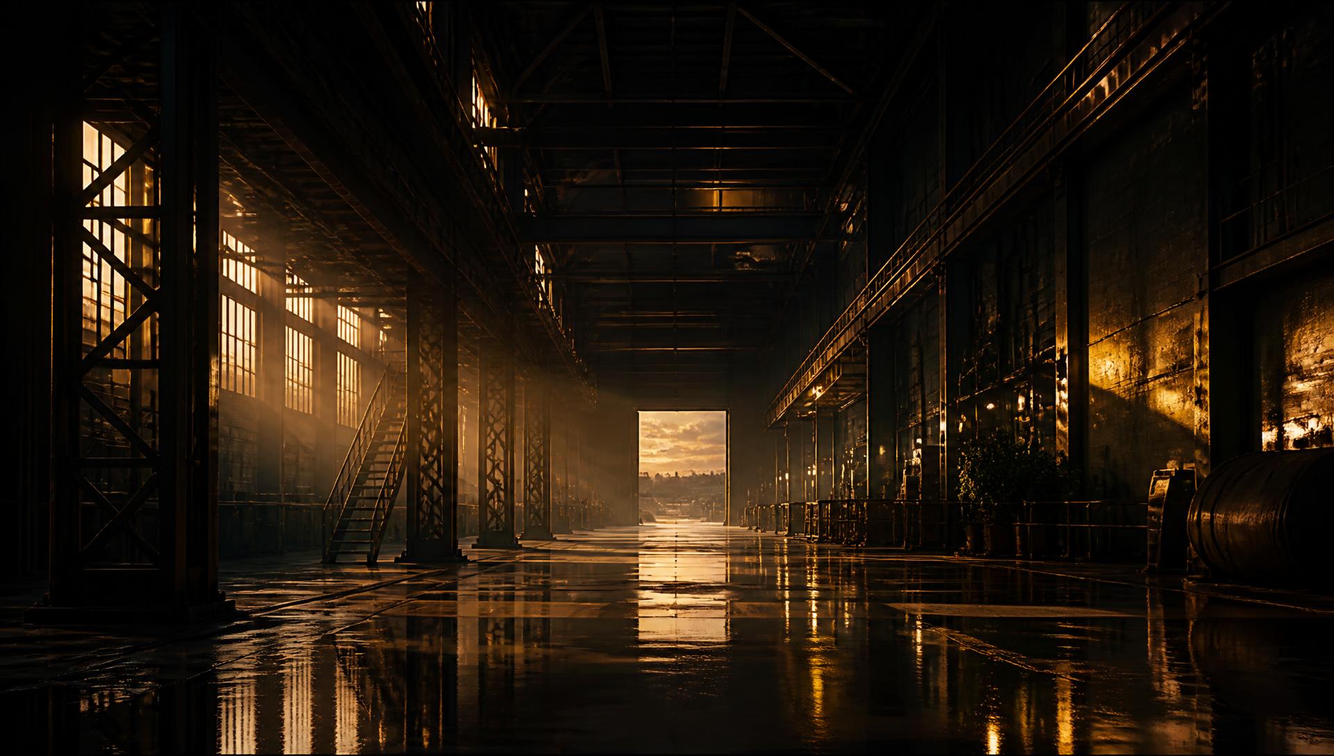 Interior de fábrica industrial ao entardecer